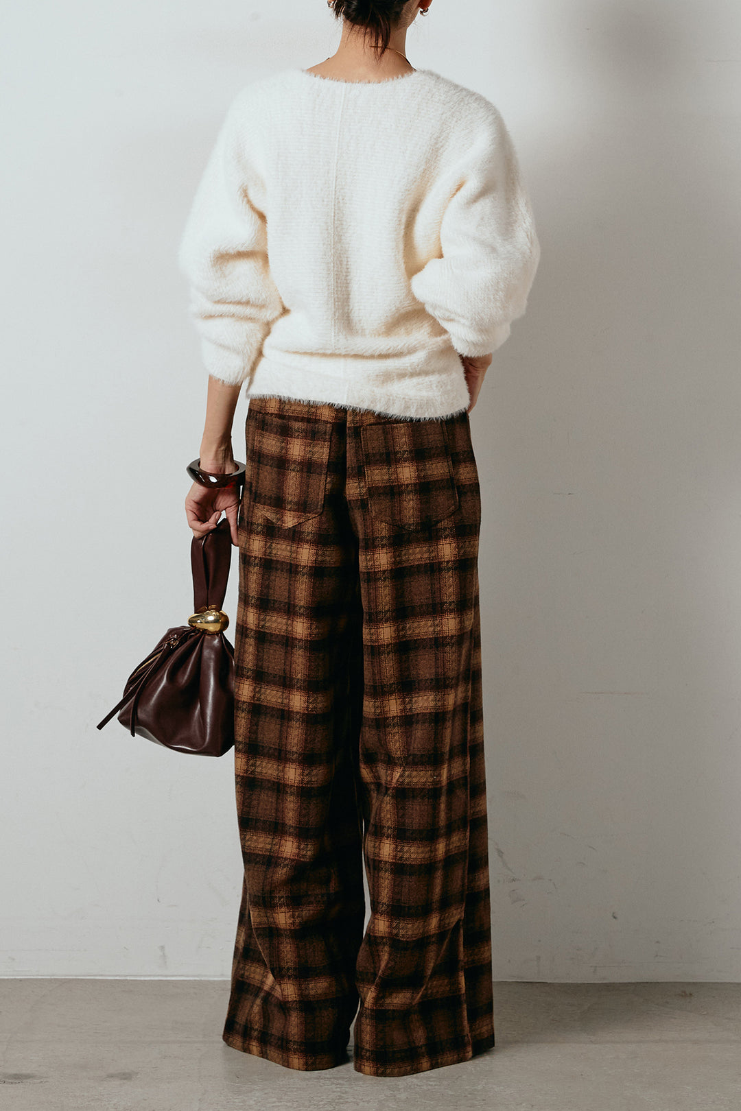 [SET]シャギーカシュクールニットトップス+ルーズタータンチェックワイドパンツ(2set)