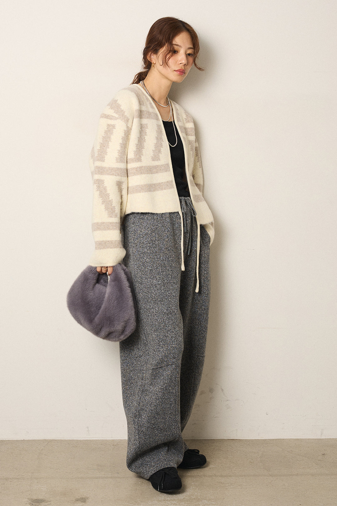 [SET]幾何学柄ノーカラーカーディガン+杢ニットフレアパンツ(2set)