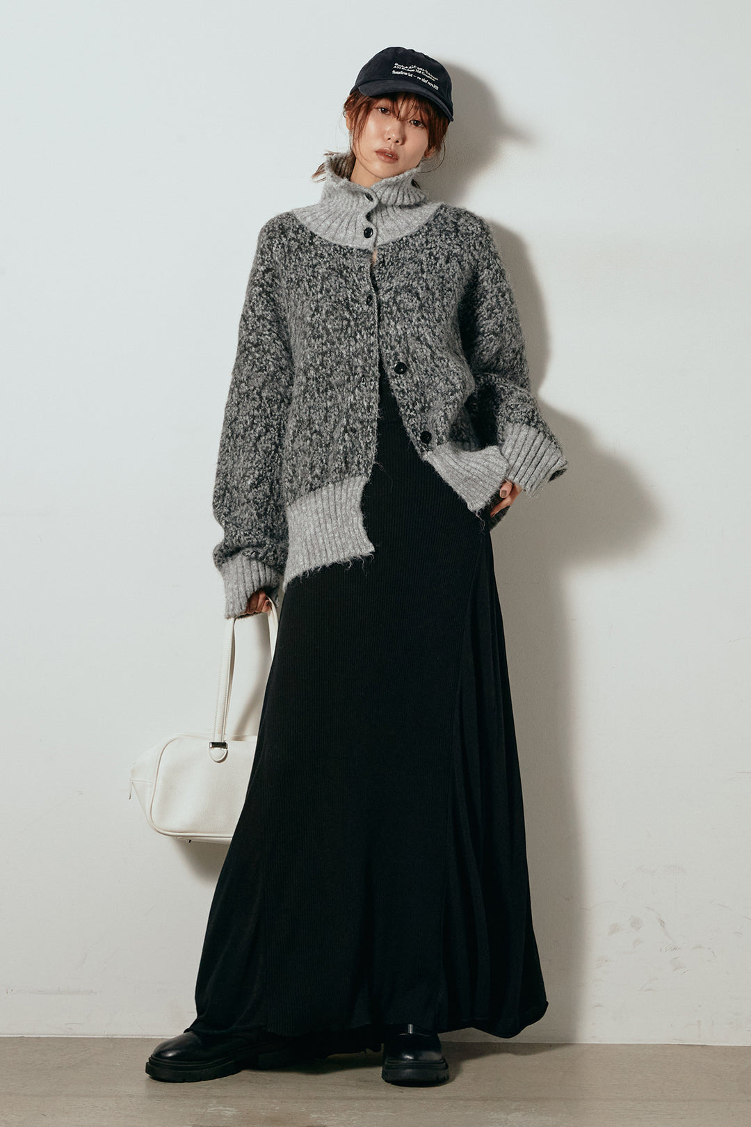 [SET]ハイネックミックスニットトップス+サイド切り替えリブニットロングスカート(2set)