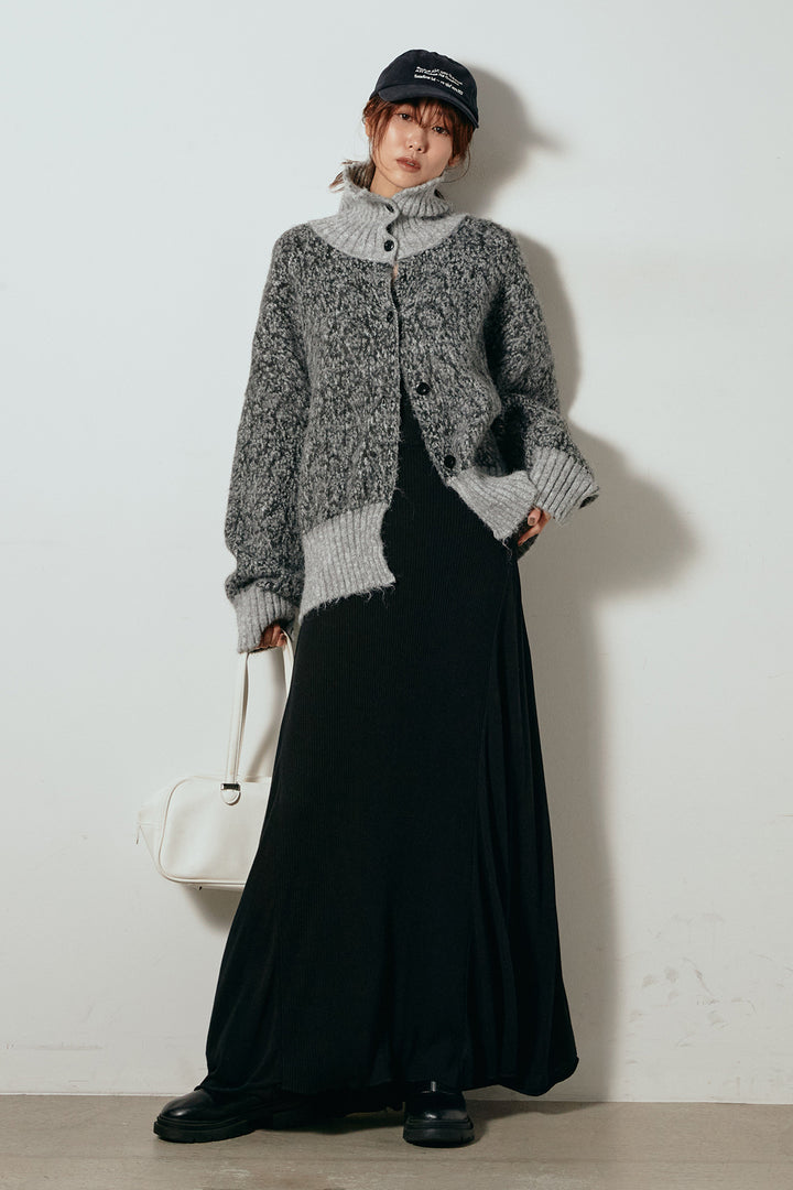 [SET]ハイネックミックスニットトップス+サイド切り替えリブニットロングスカート(2set)