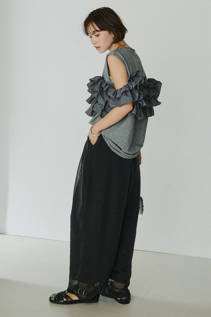 [SET]天竺ナイロンドッキングビスチェ風トップス+オーガンジータックパンツ(2set)