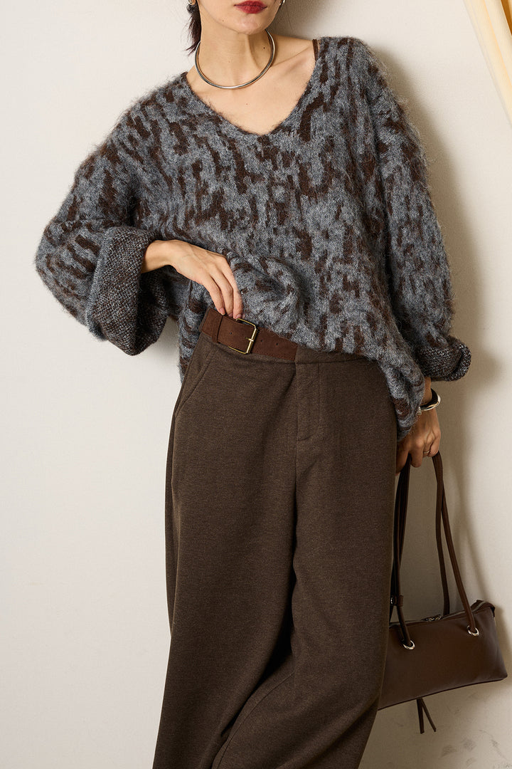 [SET]フラッフィーレオパードシャギーニット+サイドベルトパンツ(2set)