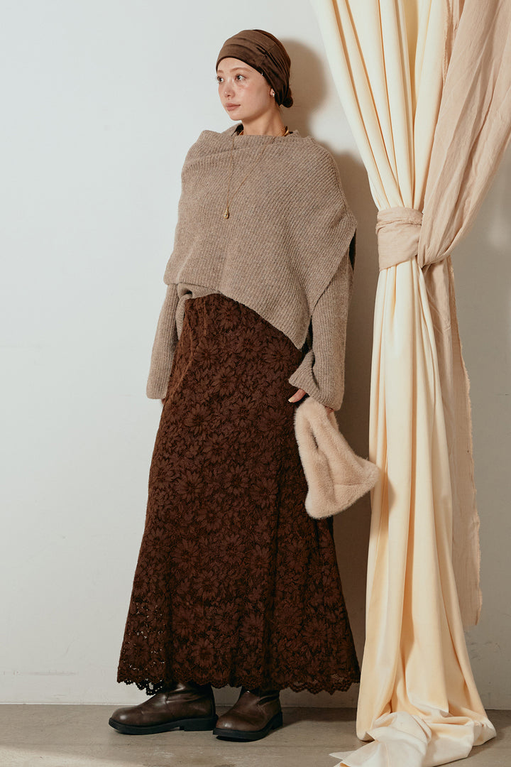 [SET]ケープデザインリブニットトップス+花柄刺繍ベロアフレアスカート(2set)