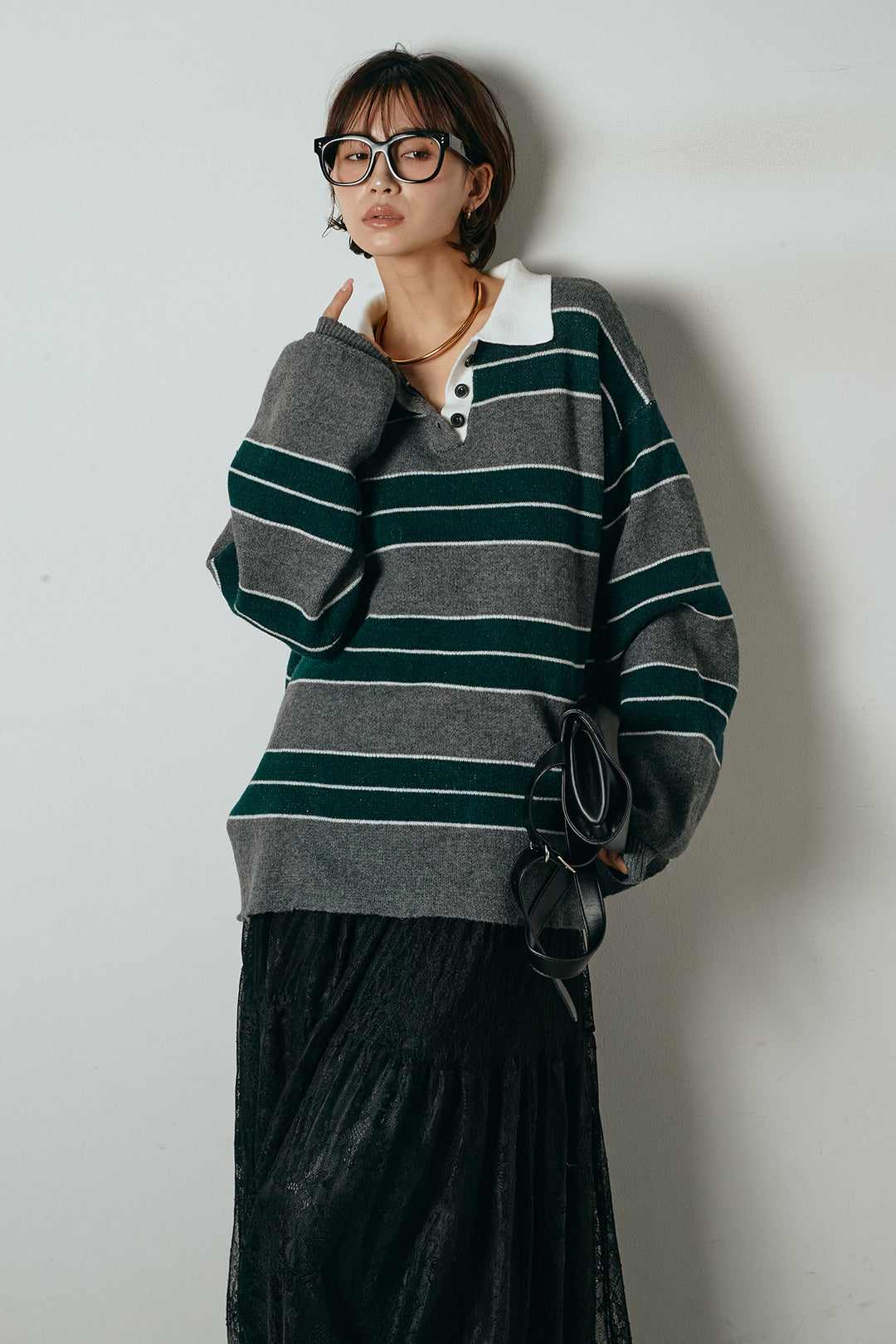 [SET]ラガーニットボーダーポロプルオーバー+ひげレース切替ロング丈スカート(2set)