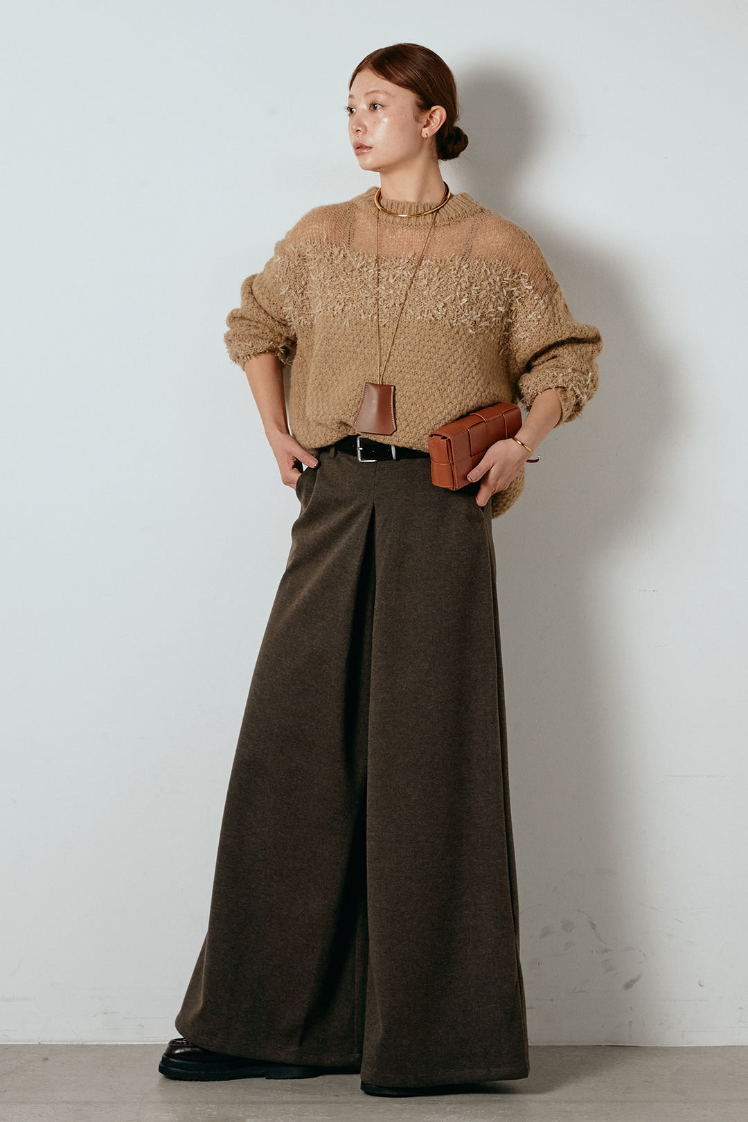 [SET]パターンランダム編みニットトップス+ベルト付きフロントタックデザインパンツ(2set)