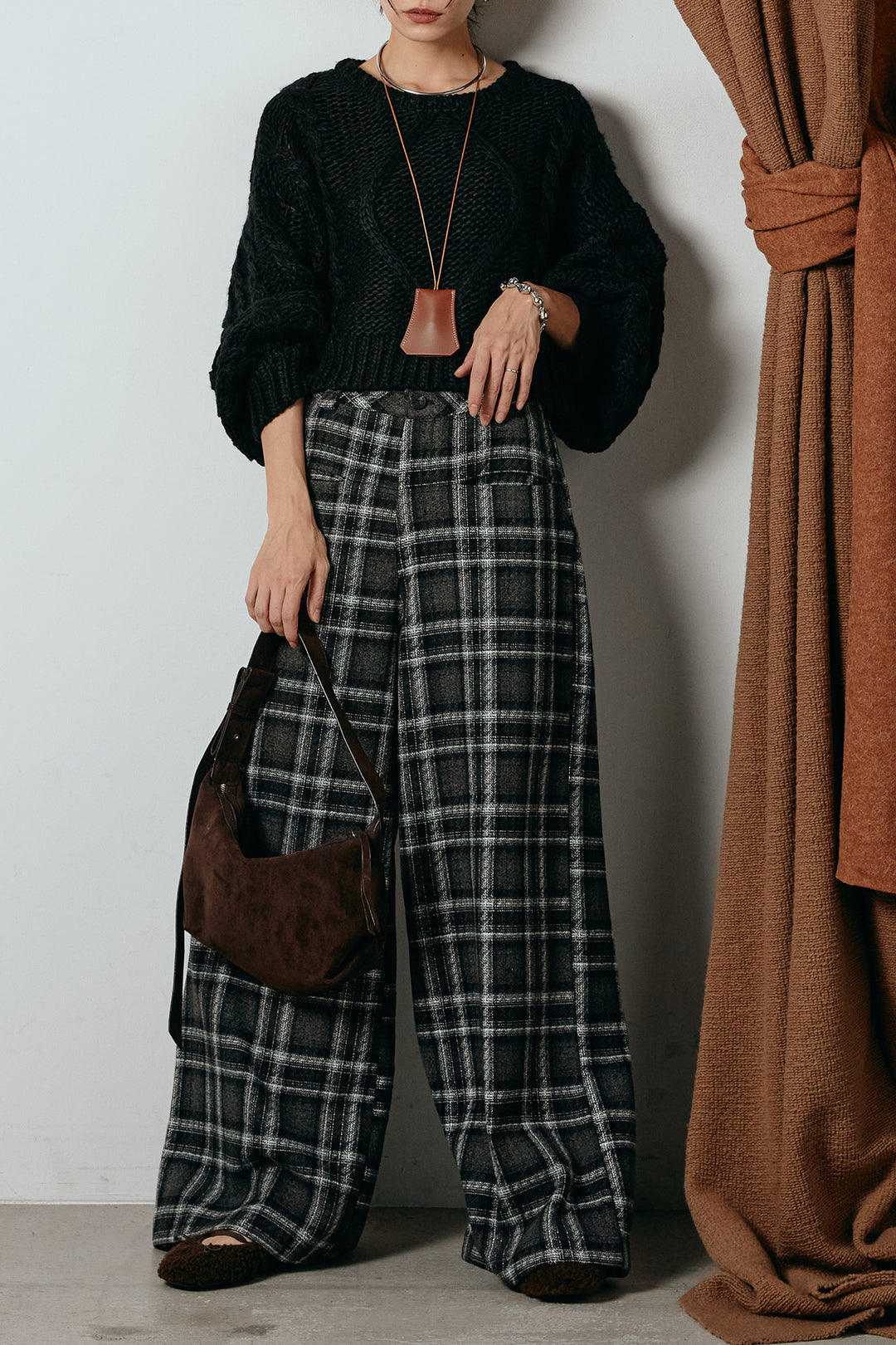 [SET]ロービングケーブルショート丈プルオーバー+ルーズタータンチェックワイドパンツ(2set)