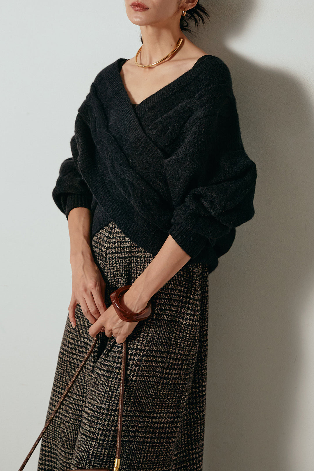 [SET]ケーブルカシュクールニットトップス+前後2wayグレンチェック柄スカーチョサロペット(2set)