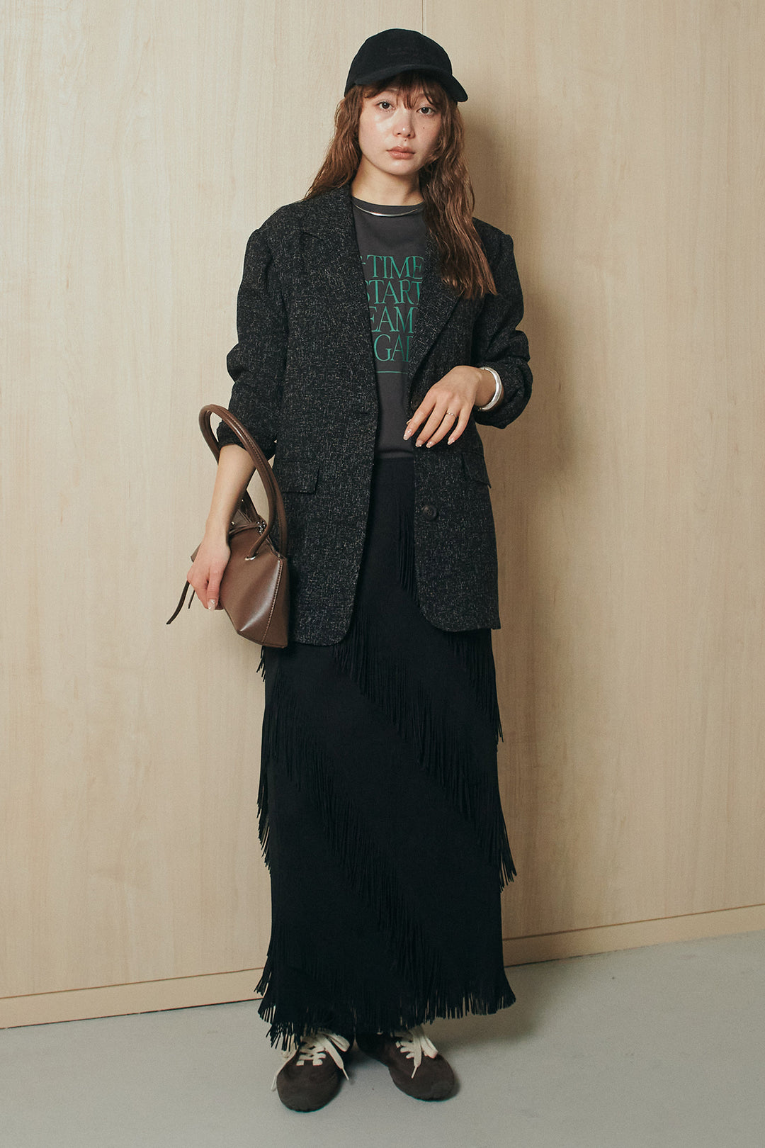 [SET]ミックスツイードベルト付きジャケット+斜めフリンジデザインスカート(2set)
