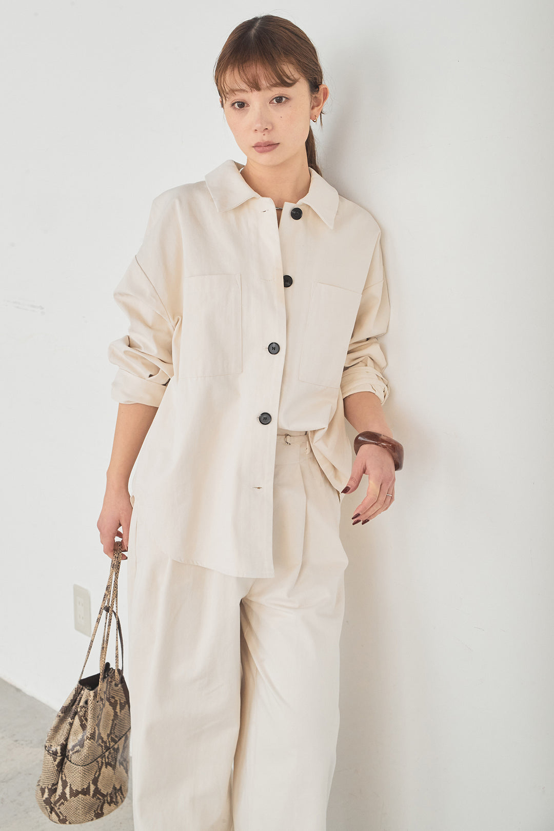 [SET]ツイルシャツジャケット+ツイルハイウエストタックパンツ(2set)