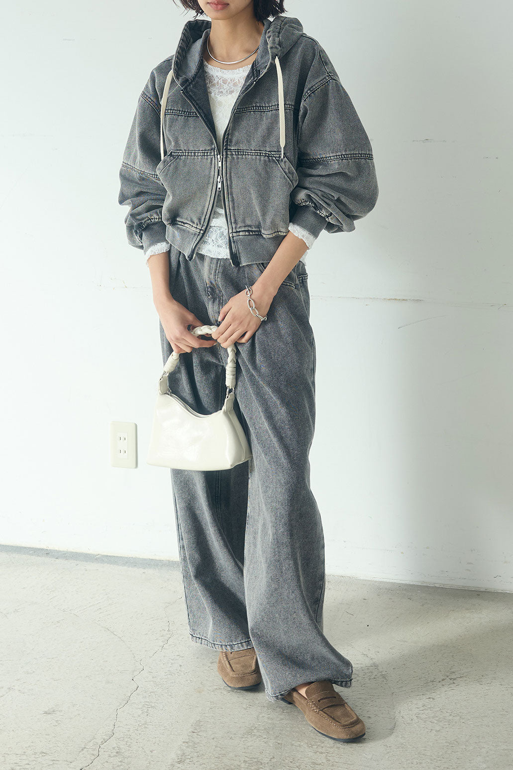 【着回しセット】[SET]デニムダブルジップパーカーブルゾン+デニムタックカーブパンツ+デニムダブルジップパーカーブルゾン(3set)