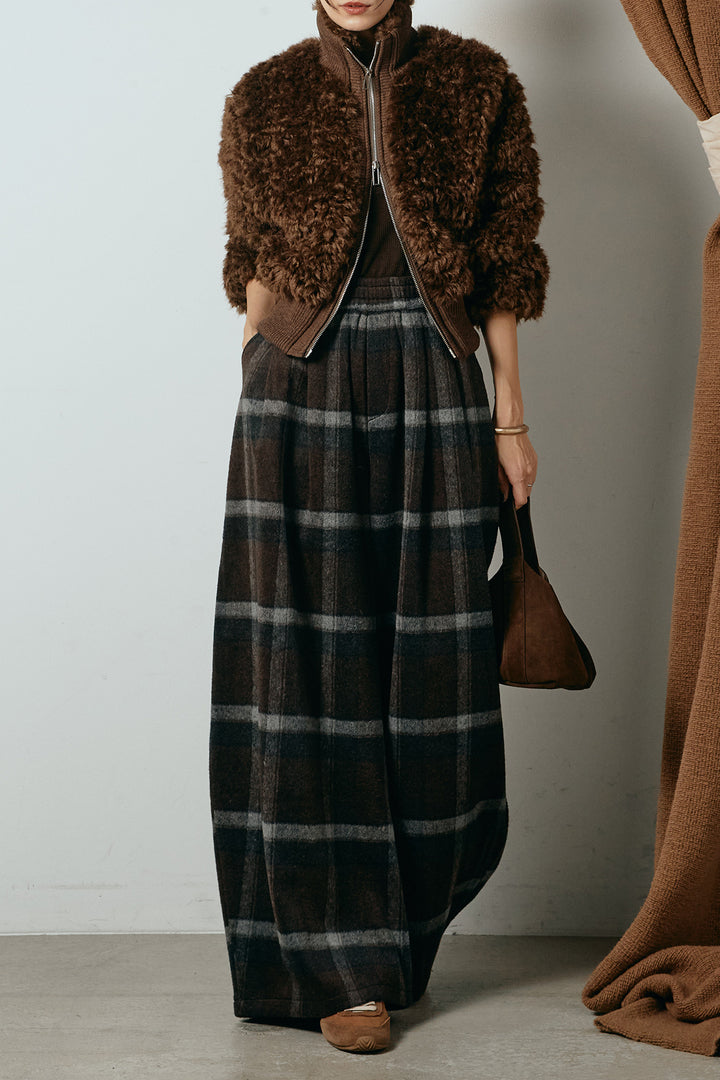 [SET]ハイネックショート丈ボアジップブルゾン+起毛タータンチェック柄ワイドパンツ(2set)