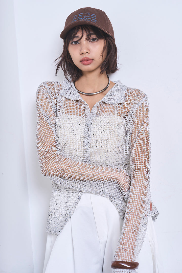 [SET]ネップメッシュポロ襟カーディガン+紐ベルト付きカーブワイドパンツ(2set)