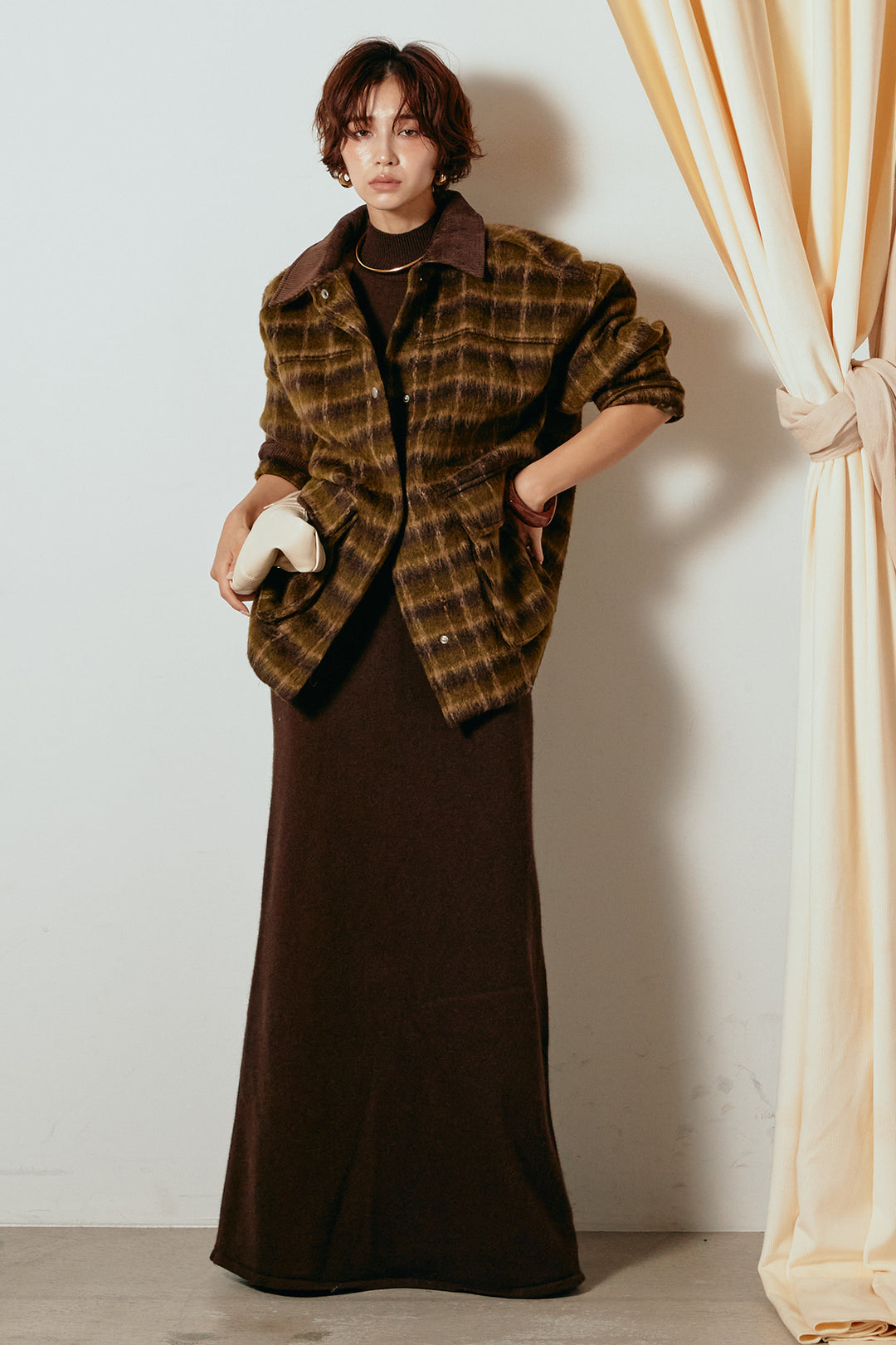 [SET]チェックシャギーミドルカバーオール+ノースリーブニットロングワンピース(2set)