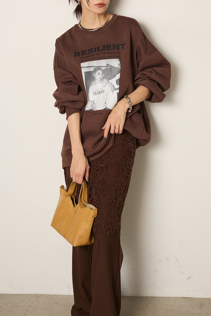 [SET]モノトーンプリントスウェット+レース刺繍レイヤードフレアパンツ(2set)