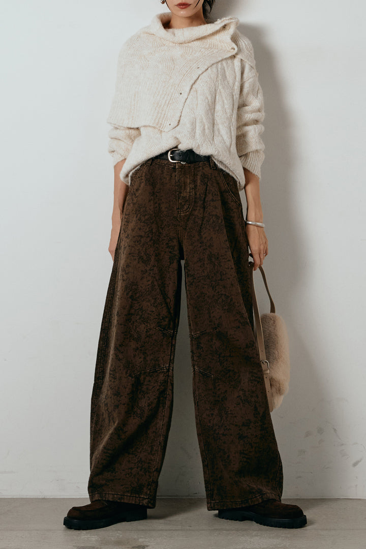 [SET]ケープデザインケーブルニットトップス+ベルト付きニュアンス柄カーブワイドパンツ(2set)