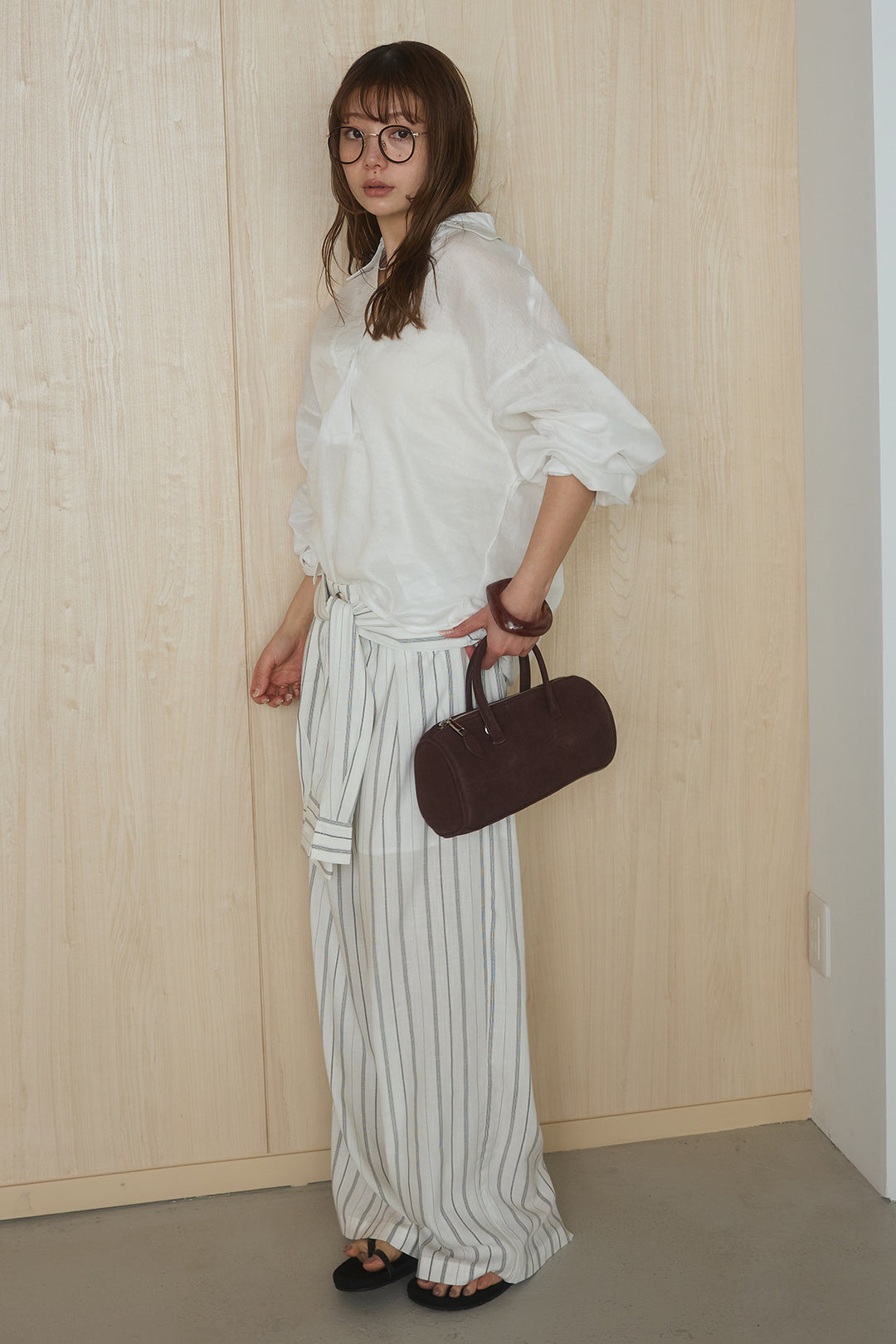 [SET]襟付きボタンブラウス+ウエスト巻きピンストライプパンツ(2set)