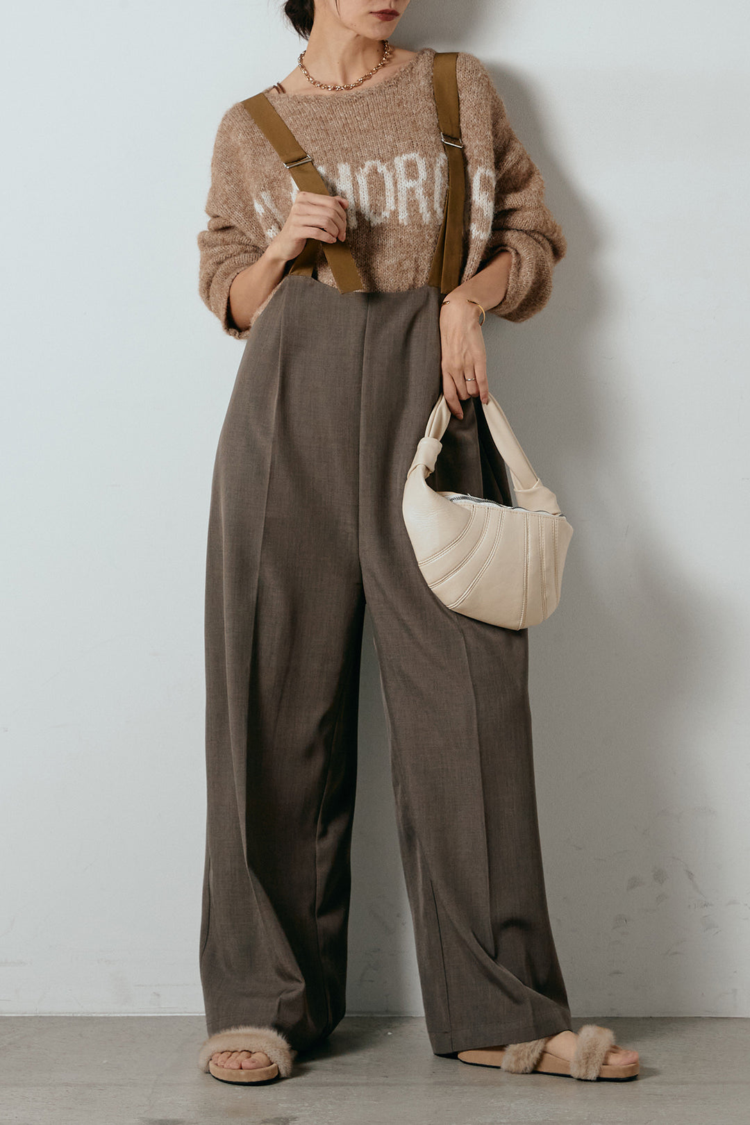 [SET]フロントロゴデザインニットトップス+ワイドツイルサロペット(2set)