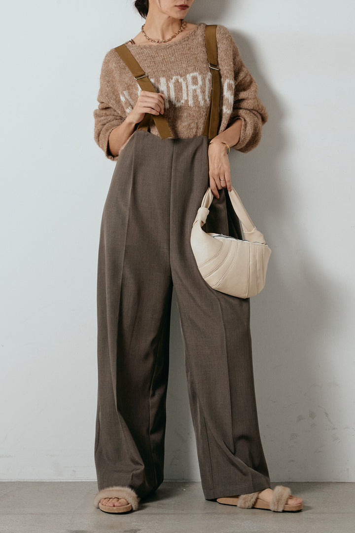 [SET]フロントロゴデザインニットトップス+ワイドツイルサロペット(2set)