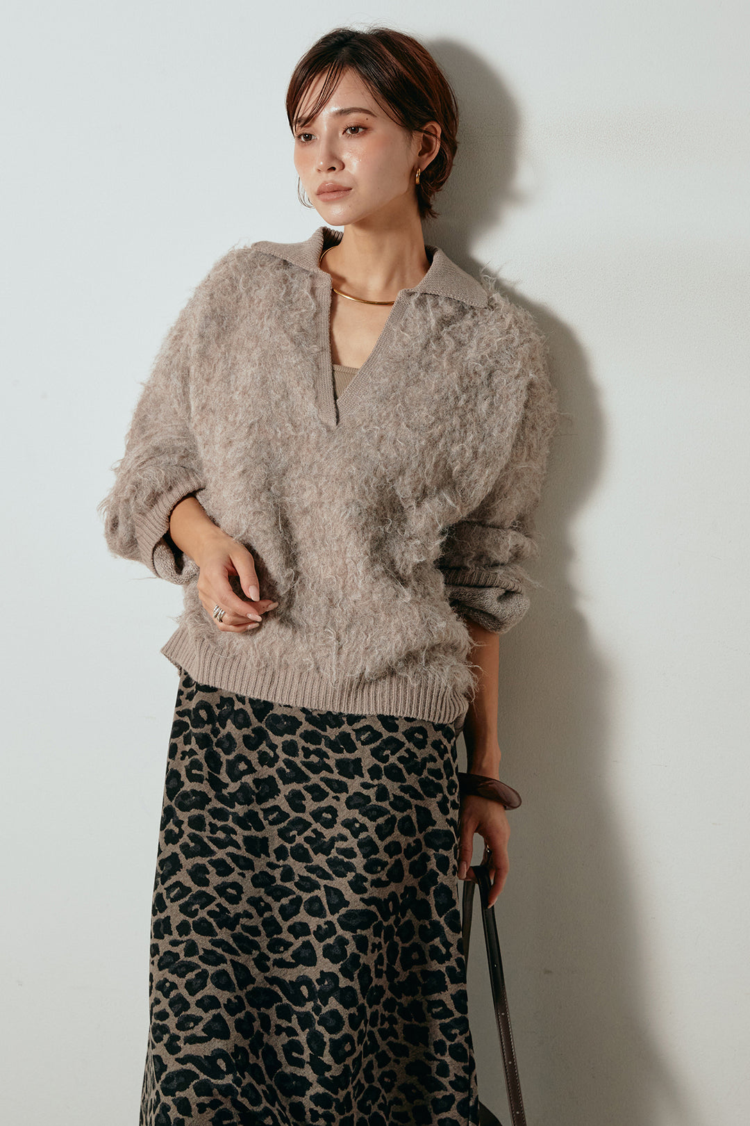 [SET]襟付きシャギーニットポロトップス+レオパードロングスカート(2set)