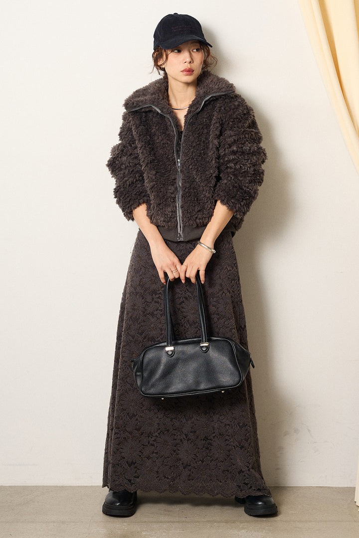 [SET]スタンドカラー裾リブボアブルゾン+花柄刺繍ベロアフレアスカート(2set)