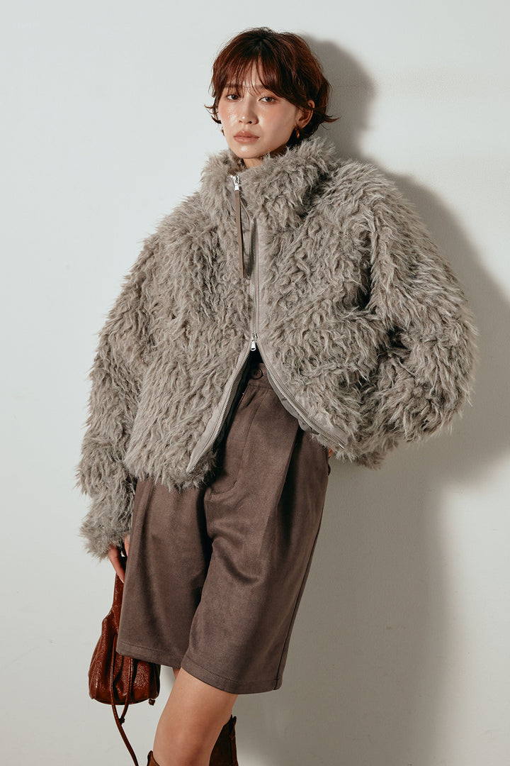 [SET]ミックスシープファースタンドブルゾン+フェイクスウェードハーフパンツ(2set)