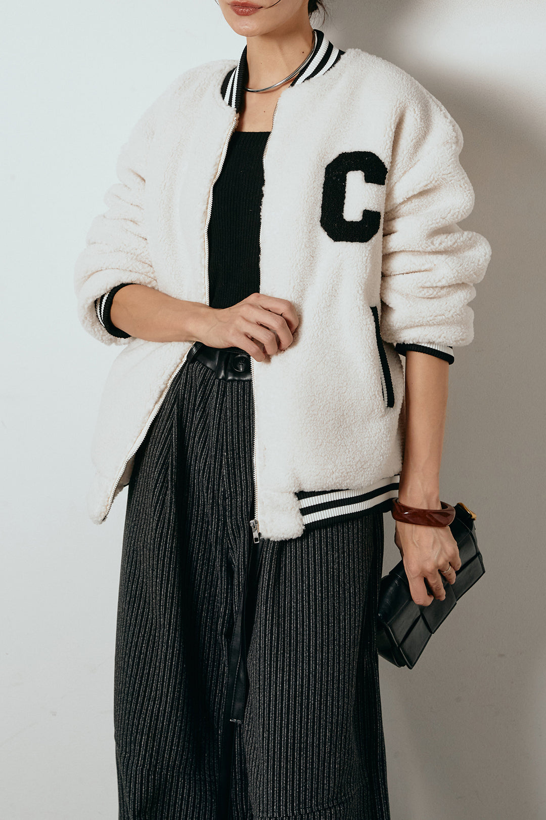 [SET]ロゴスタジャンボアブルゾン+レザーライク配色ストライプパンツ(2set)