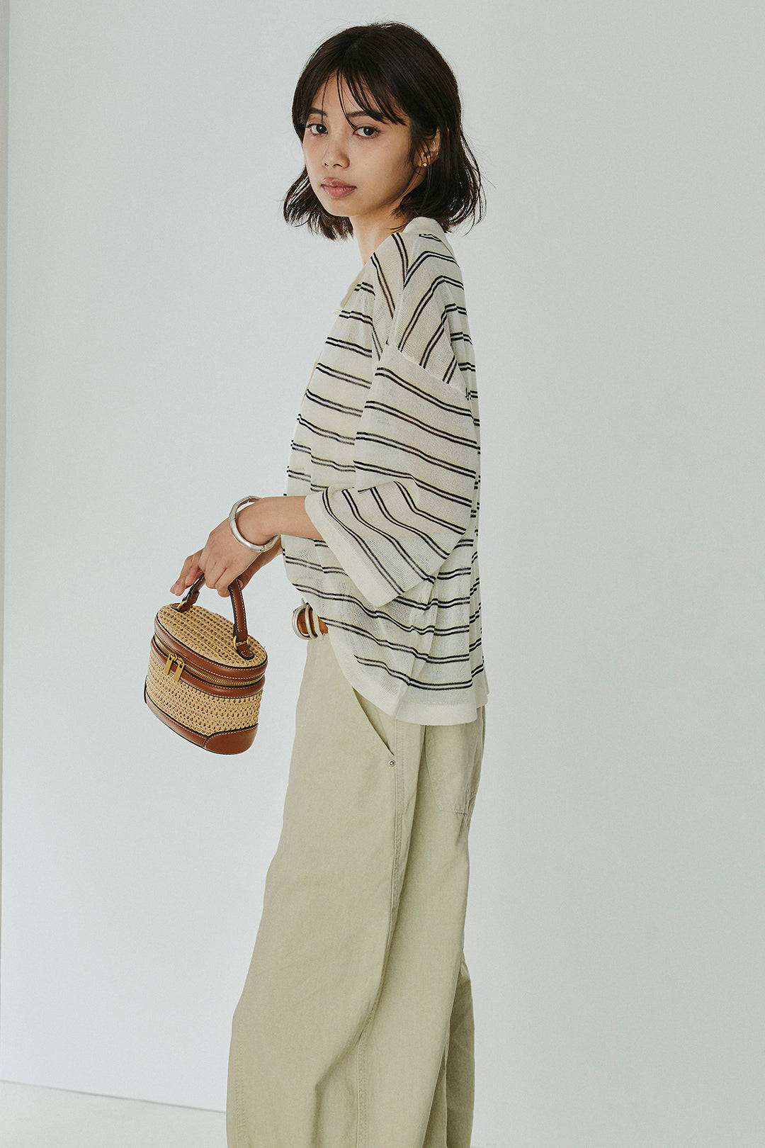 [SET]ボーダーニットポロシャツ+サイドベルトカーブワイドパンツ(2set)