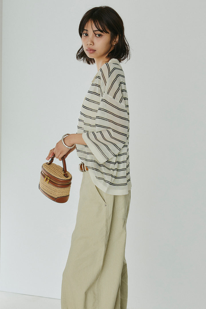 [SET]ボーダーニットポロシャツ+サイドベルトカーブワイドパンツ(2set)