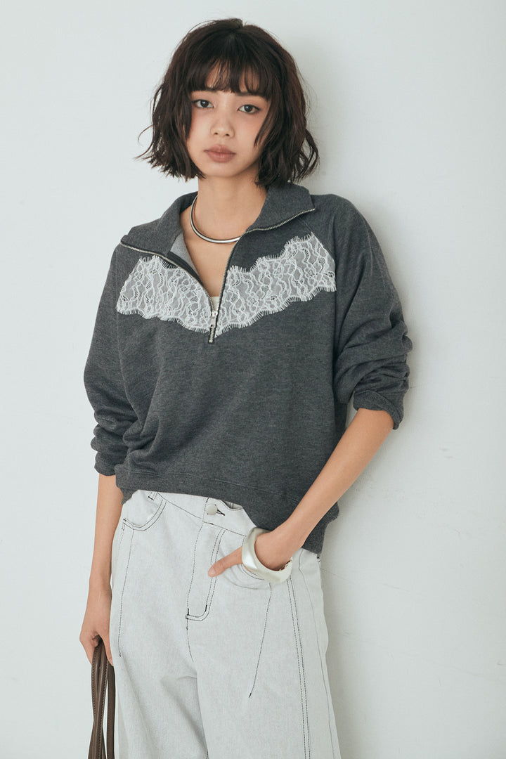 [SET]リバーレースハーフジップ裏毛スウェット+ツイル配色ステッチバレルパンツ(2set)