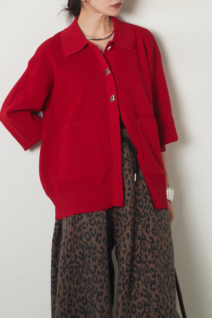 [SET]メタル釦衿付きニットカーディガン+リラックスレオパード柄ワイドパンツ(2set)