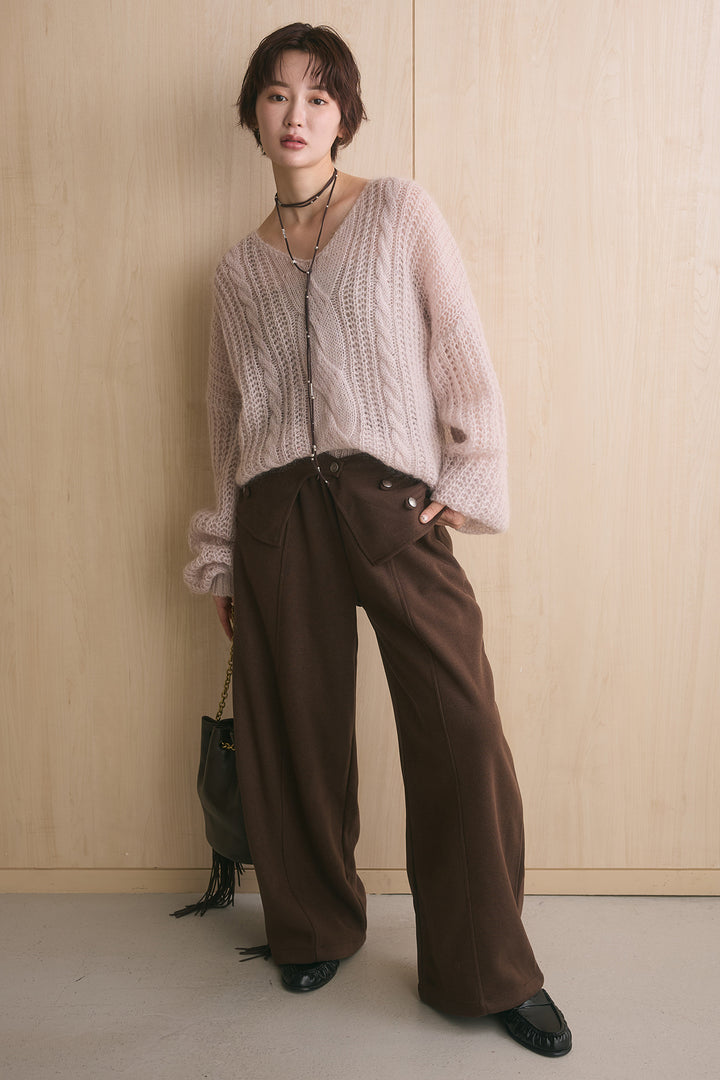 [SET]シアーモヘアケーブルVニックニット+ナポレオンデザインラップカーブパンツ(2set)