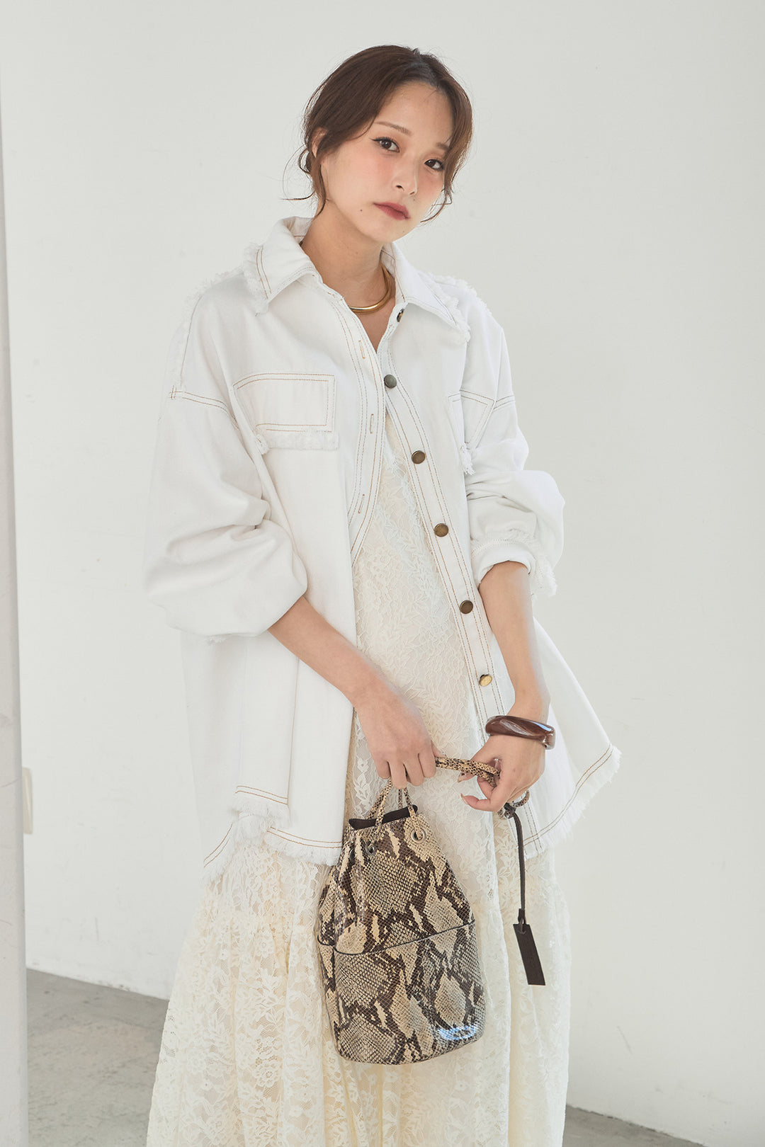 [SET]フリンジデニムジャケット+レース刺繍フレアキャミワンピース(2set)