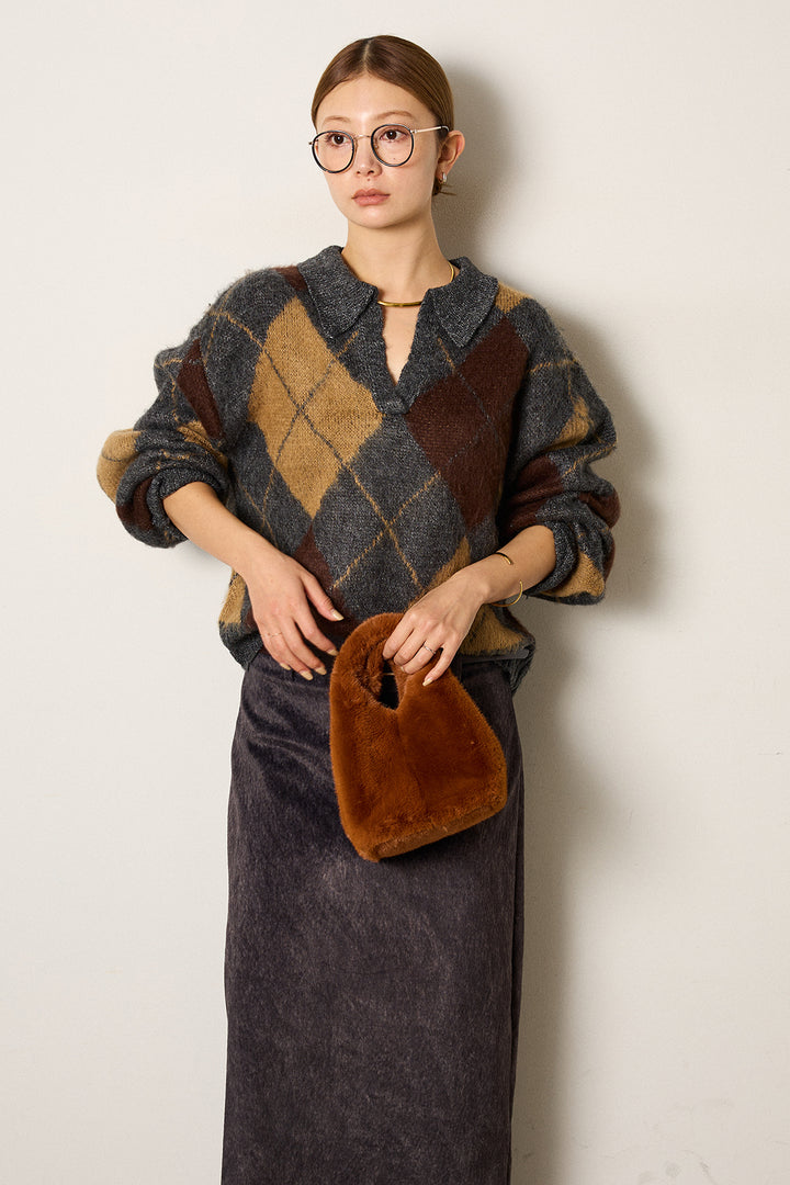 [SET]アクリルモヘアアーガイルキーネックプルオーバー+ロープベルト付きスウェード調スカート(2set)