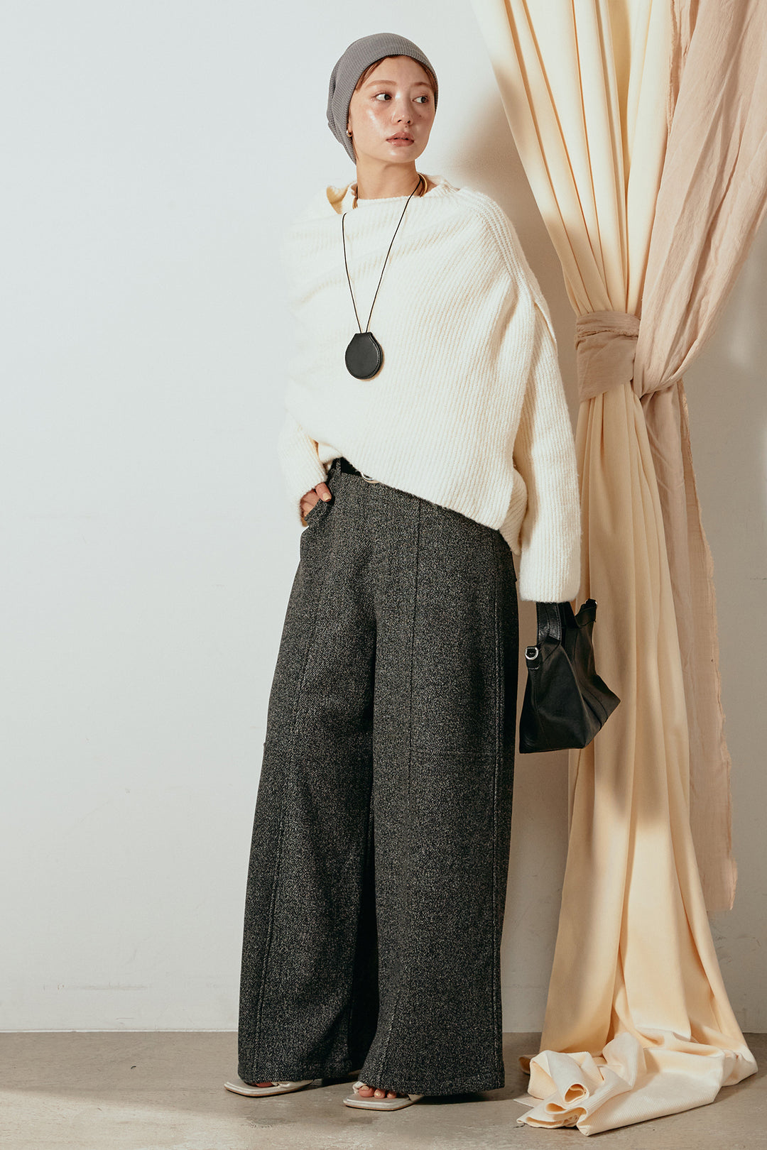 [SET]ケープデザインリブニットトップス+太ベルト付きツイードワイドパンツ(2set)