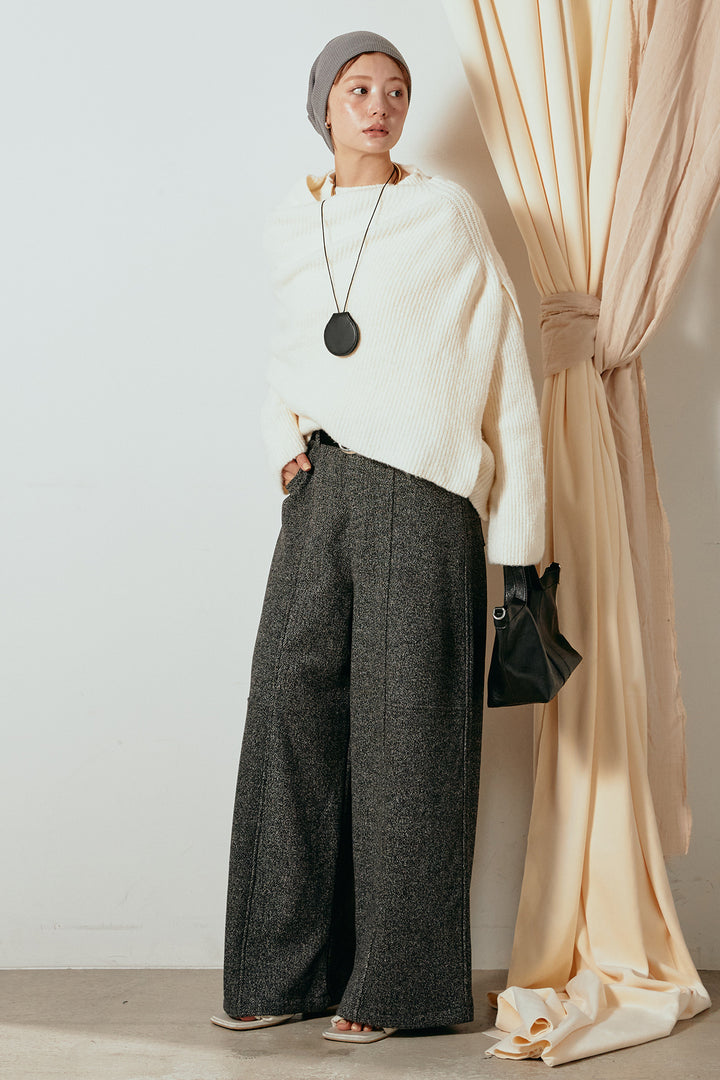 [SET]ケープデザインリブニットトップス+太ベルト付きツイードワイドパンツ(2set)