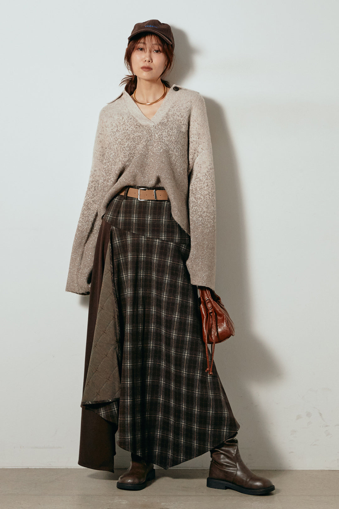 [SET]グラデーションラメニットキーネックプルオーバー+フェイクレザーベルト付き切り替えタータンチェックスカート(2set)
