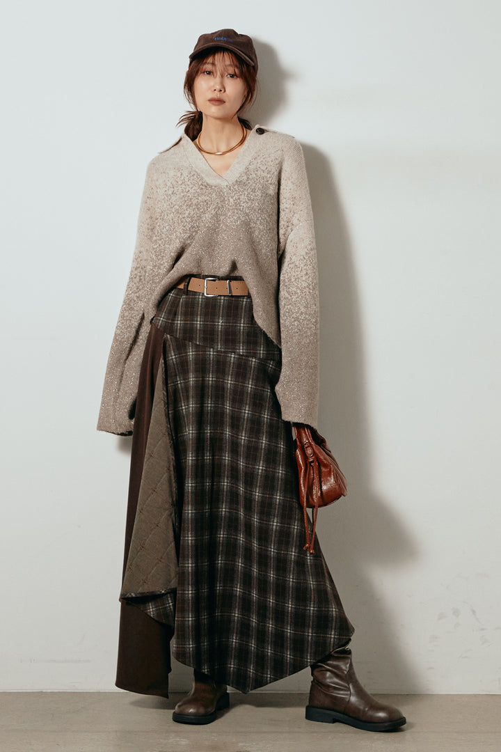 [SET]グラデーションラメニットキーネックプルオーバー+フェイクレザーベルト付き切り替えタータンチェックスカート(2set)