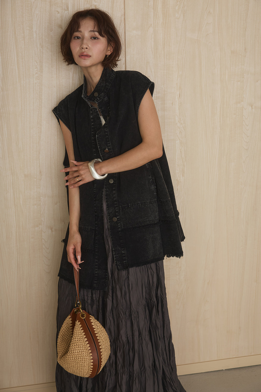 [SET]ケミカルデニムヘムカットオフジレ+イレギュラープリーツイージースカート(2set)