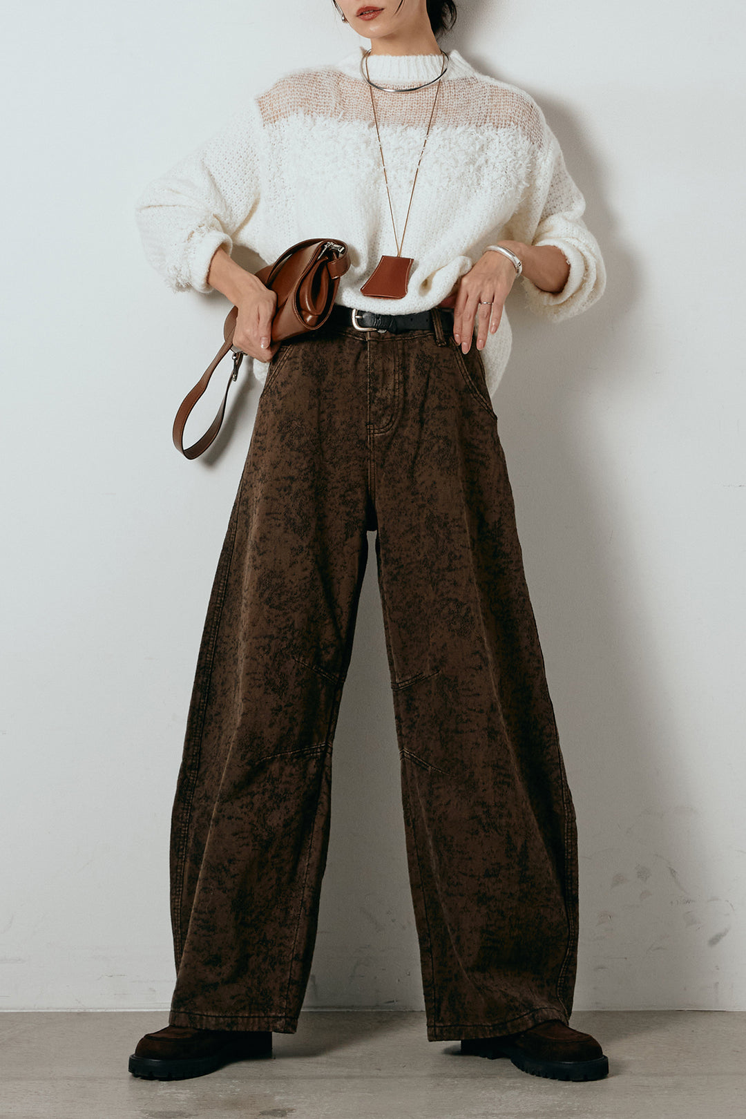 [SET]パターンランダム編みニットトップス+ベルト付きニュアンス柄カーブワイドパンツ(2set)