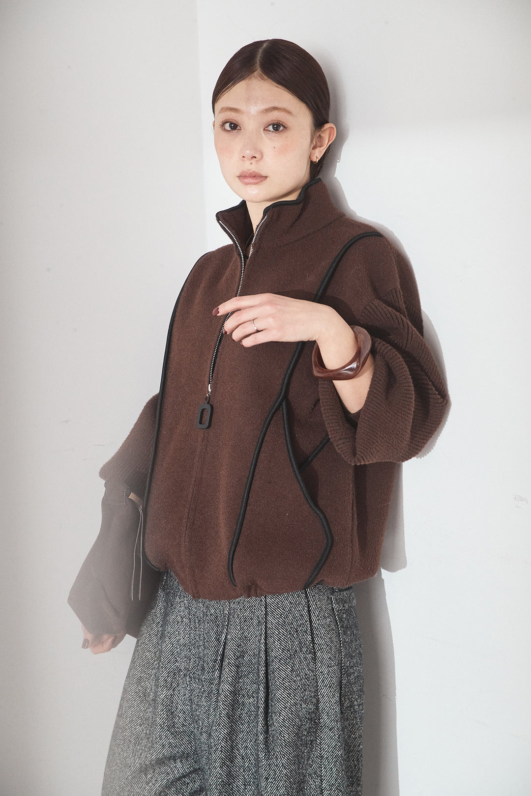 [SET]ハイネックパイピングデザインブルゾン+タックツイードワイドパンツ(2set)