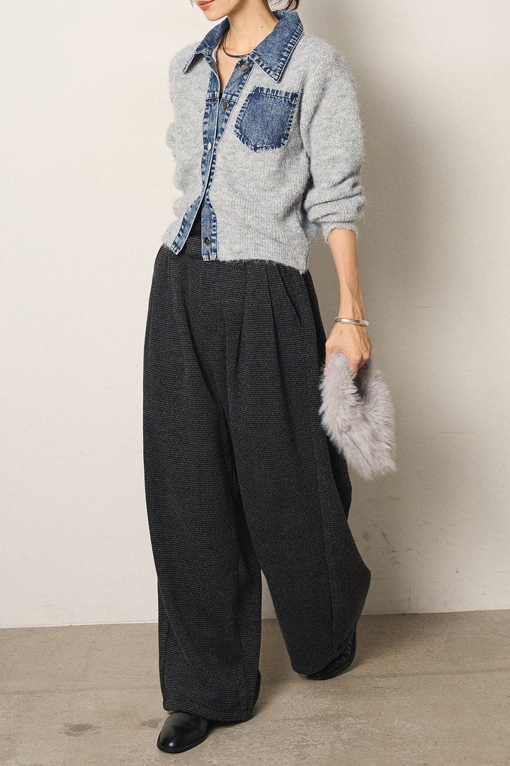 [SET]襟付きデニム切替ニットカーディガン+起毛タック入りツイードワイドパンツ(2set)