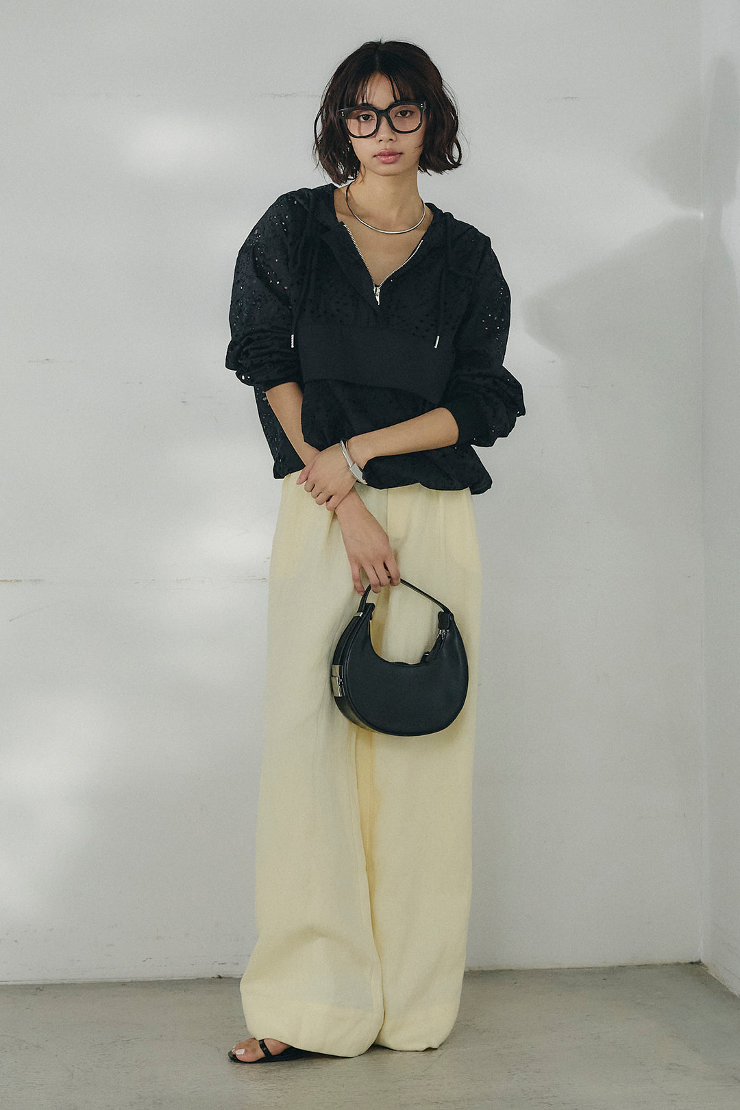 [SET]レースハーフジップアップフーディー+リネン混タックストレートワイドパンツ(2set)