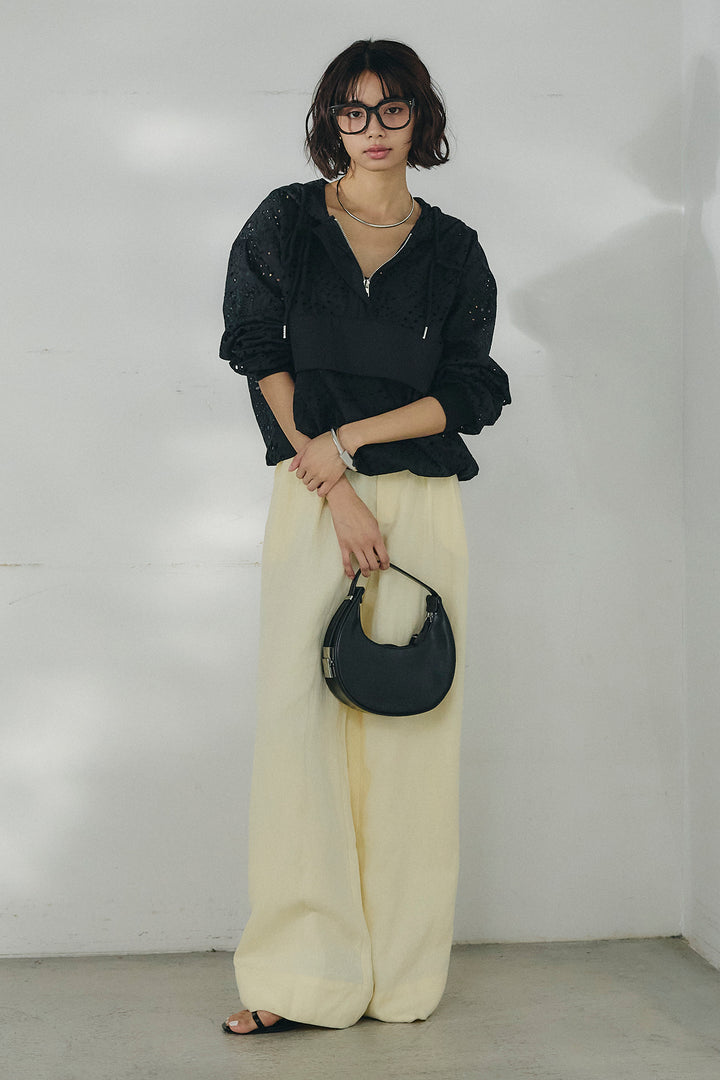 [SET]レースハーフジップアップフーディー+リネン混タックストレートワイドパンツ(2set)