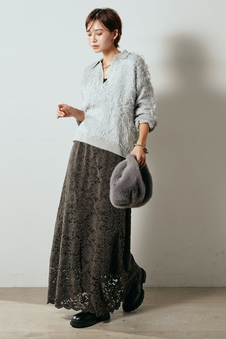 [SET]襟付きシャギーニットポロトップス+花柄刺繍ベロアフレアスカート(2set)