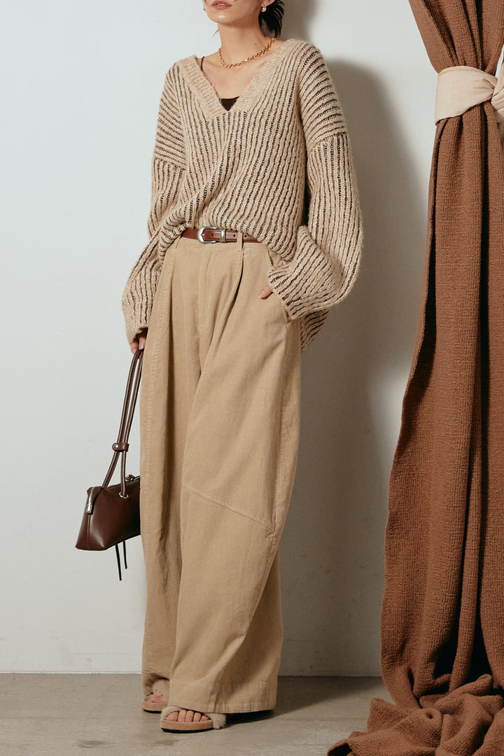 [SET]アルパカタッチ深Vニットトップス+タック入りコーデュロイワイドパンツ(2set)