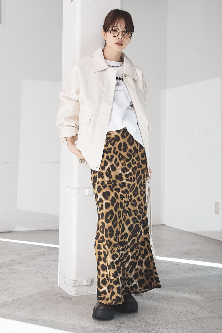 [SET]レザーライクオーバーサイズブルゾン+レオパードサテンナロースカート(2set)