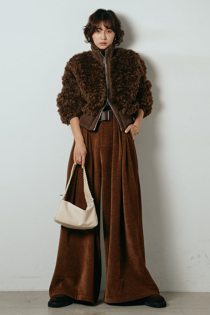 [SET]ハイネックショート丈ボアジップブルゾン+ベルトループコーデュロイワイドパンツ(2set)