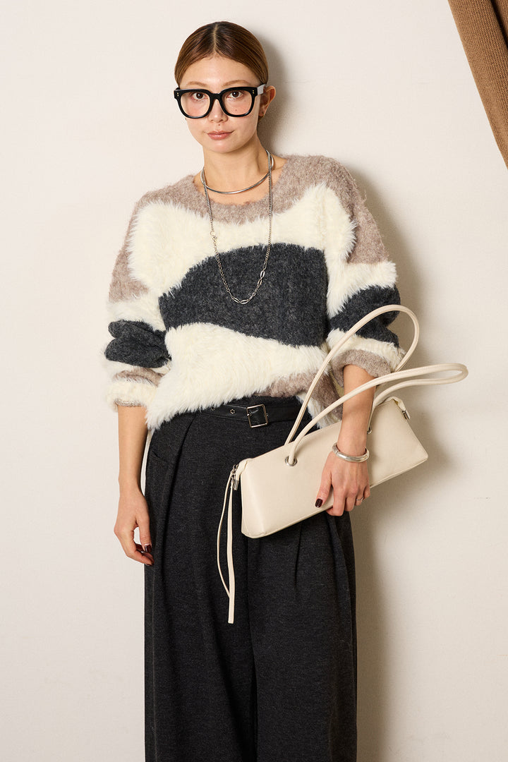 [SET]シャギーウェーブ柄クルーネックニットトップス+細ベルト付き起毛タックワイドパンツ(2set)