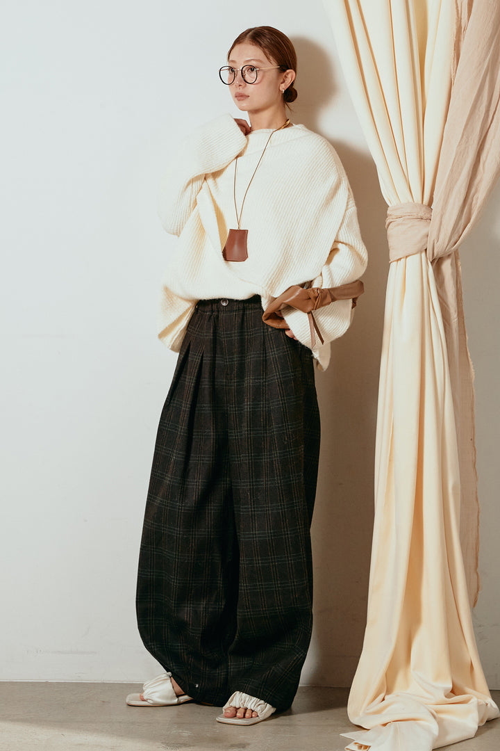 [SET]ケープデザインリブニットトップス+タータンチェック柄タックパンツ(2set)