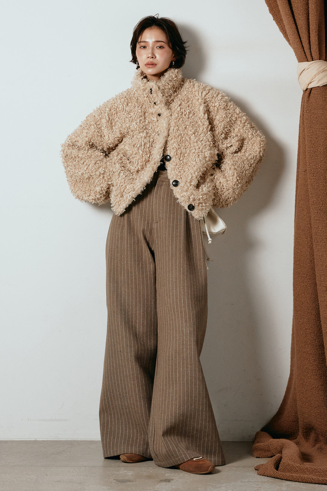 [SET]プードルファーミドルジャケット+ウールライクストライプパンツ(2set)